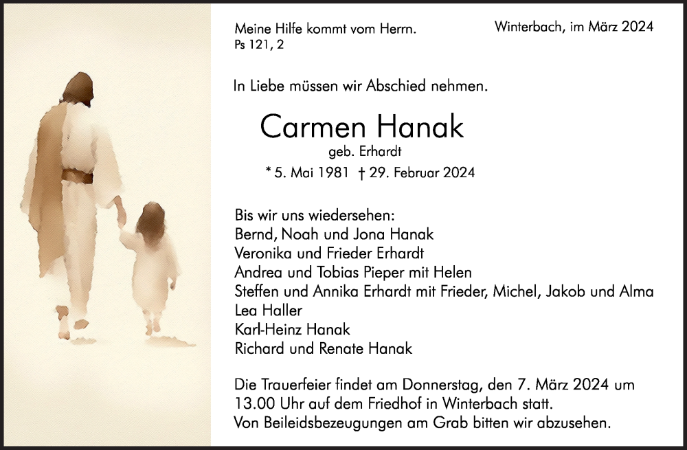  Traueranzeige für Carmen Hanak vom 05.03.2024 aus Waiblinger Kreiszeitung