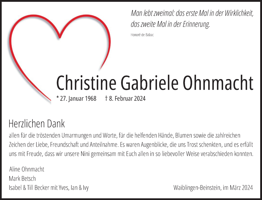  Traueranzeige für Christine Gabriele Ohnmacht vom 09.03.2024 aus Waiblinger Kreiszeitung