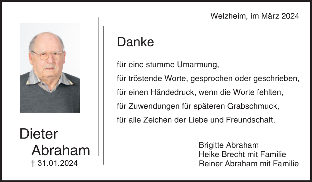  Traueranzeige für Dieter Abraham vom 09.03.2024 aus Waiblinger Kreiszeitung
