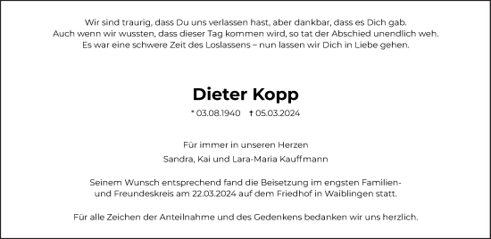 Traueranzeige von Dieter Kopp von Waiblinger Kreiszeitung