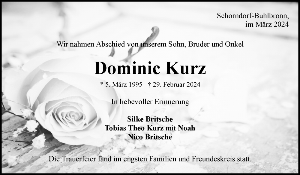 Traueranzeige für Dominic Kurz vom 23.03.2024 aus Waiblinger Kreiszeitung