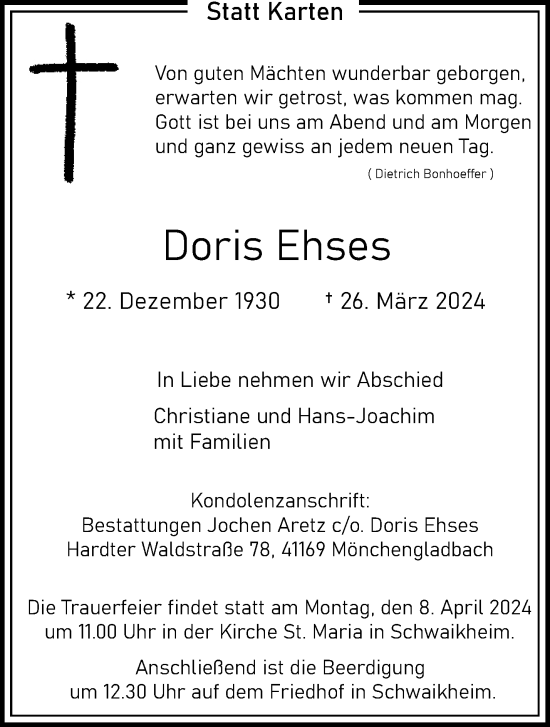 Traueranzeige von Doris Ehses von Waiblinger Kreiszeitung