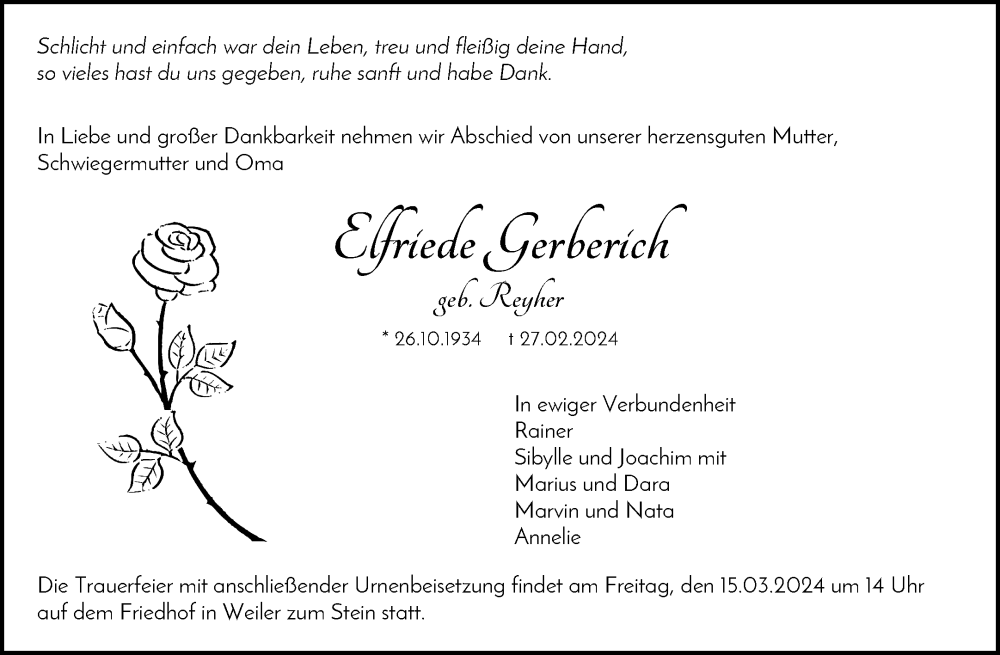  Traueranzeige für Elfriede Gerberich vom 08.03.2024 aus Waiblinger Kreiszeitung