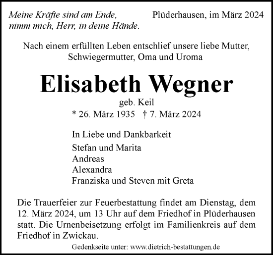 Traueranzeige von Elisabeth Wegner von Waiblinger Kreiszeitung