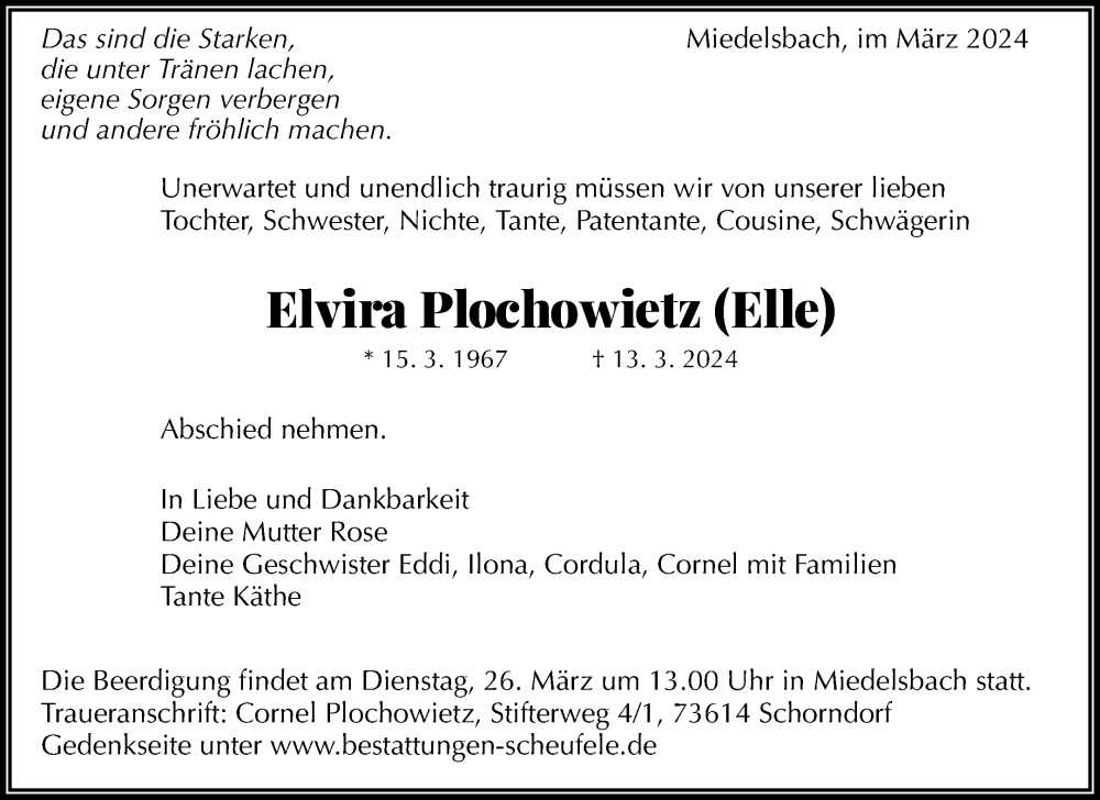  Traueranzeige für Elvira Plochowietz vom 22.03.2024 aus Waiblinger Kreiszeitung