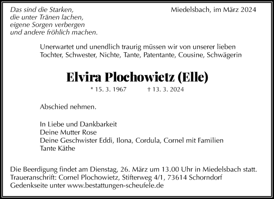 Traueranzeige von Elvira Plochowietz von Waiblinger Kreiszeitung