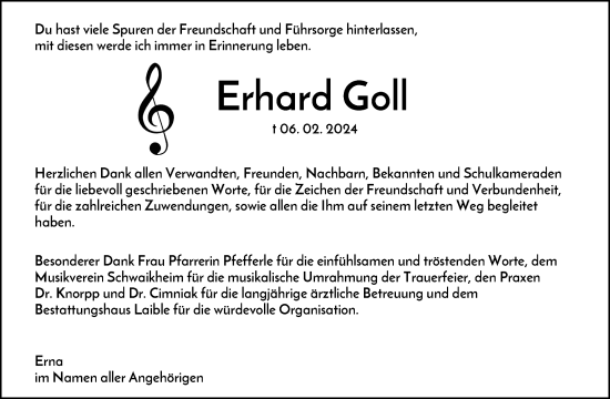 Traueranzeige von Erhard Goll von Waiblinger Kreiszeitung
