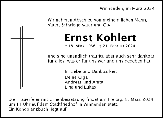 Traueranzeige von Ernst Kohlert von Waiblinger Kreiszeitung