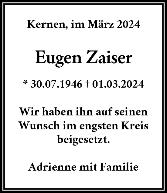 Traueranzeige von Eugen Zaiser von Waiblinger Kreiszeitung