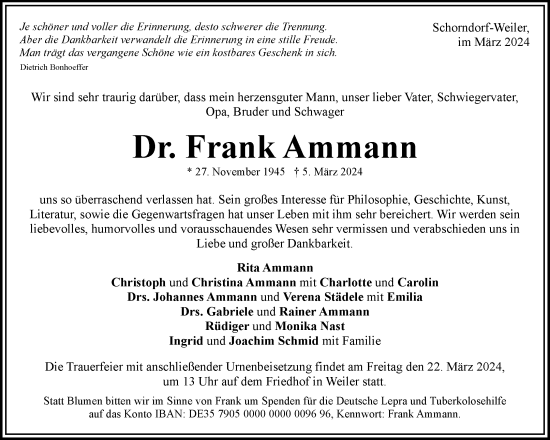 Traueranzeige von Frank Ammann von Waiblinger Kreiszeitung