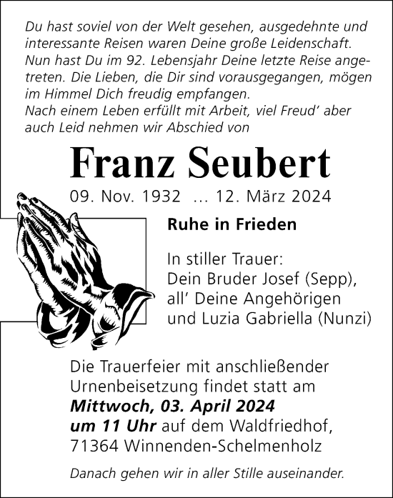 Traueranzeige von Franz Seubert von Waiblinger Kreiszeitung