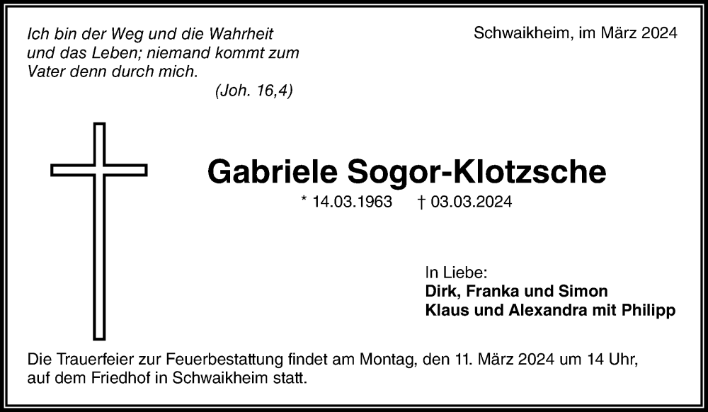  Traueranzeige für Gabriele Sogor-Klotzsche vom 06.03.2024 aus Waiblinger Kreiszeitung
