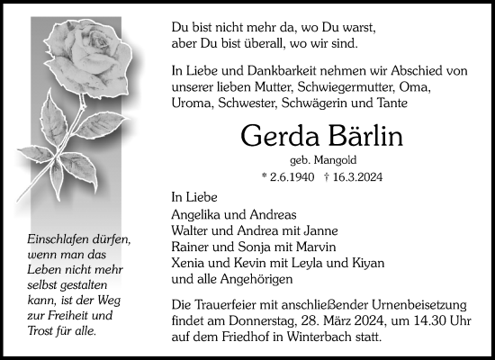 Traueranzeige von Gerda Bärlin von Waiblinger Kreiszeitung
