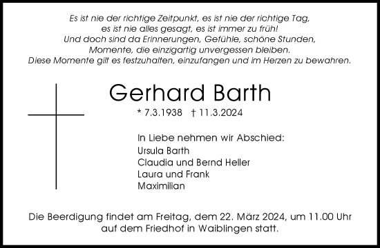 Traueranzeige von Gerhard Barth von Waiblinger Kreiszeitung