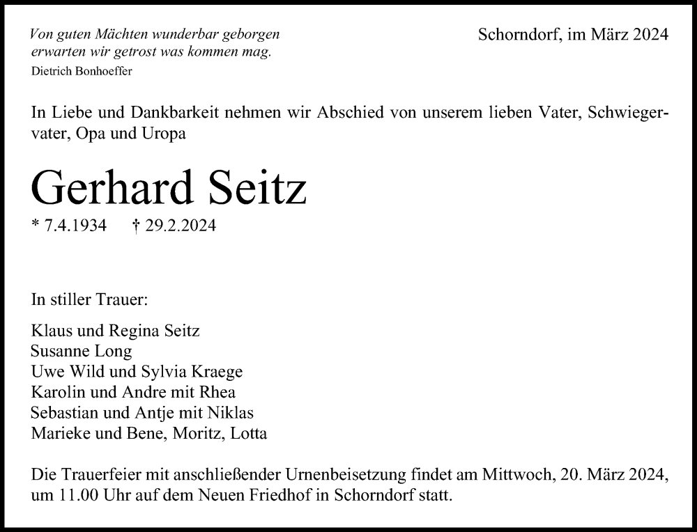  Traueranzeige für Gerhard Seitz vom 13.03.2024 aus Waiblinger Kreiszeitung