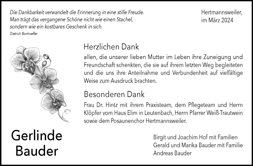  Traueranzeige für Gerlinde Bauder vom 16.03.2024 aus Waiblinger Kreiszeitung
