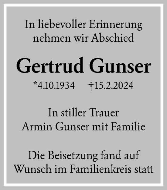 Traueranzeige von Gertrud Gunser von Waiblinger Kreiszeitung