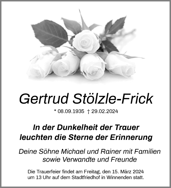 Traueranzeige von Gertrud Stölzle-Frick von Waiblinger Kreiszeitung