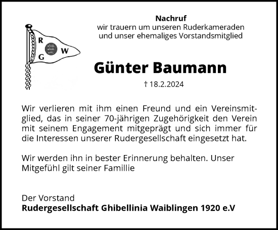Traueranzeige von Günter Baumann von Waiblinger Kreiszeitung