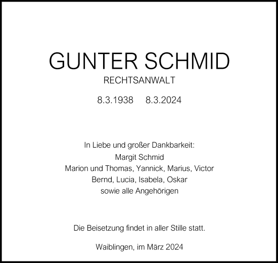 Traueranzeige von Gunter Schmid von Waiblinger Kreiszeitung