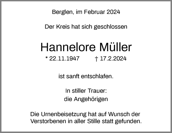 Traueranzeige von Hannelore Müller von Waiblinger Kreiszeitung