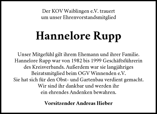 Traueranzeige von Hannelore Rupp von Waiblinger Kreiszeitung