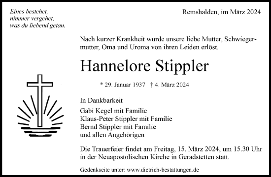 Traueranzeige von Hannelore Stippler von Waiblinger Kreiszeitung