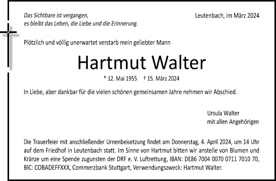 Traueranzeige von Hartmut Walter von Waiblinger Kreiszeitung