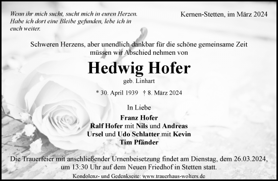 Traueranzeige von Hedwig Hofer von Waiblinger Kreiszeitung