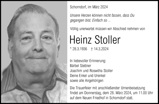 Traueranzeige von Heinz Stoller von Waiblinger Kreiszeitung