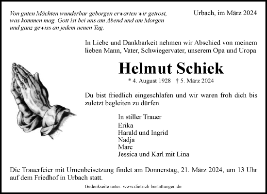 Traueranzeige von Helmut Schiek von Waiblinger Kreiszeitung