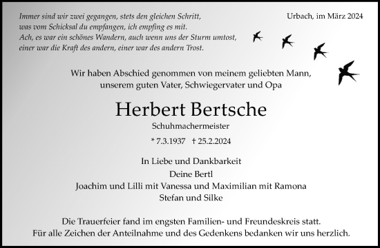 Traueranzeige von Herbert Bertsche von Waiblinger Kreiszeitung
