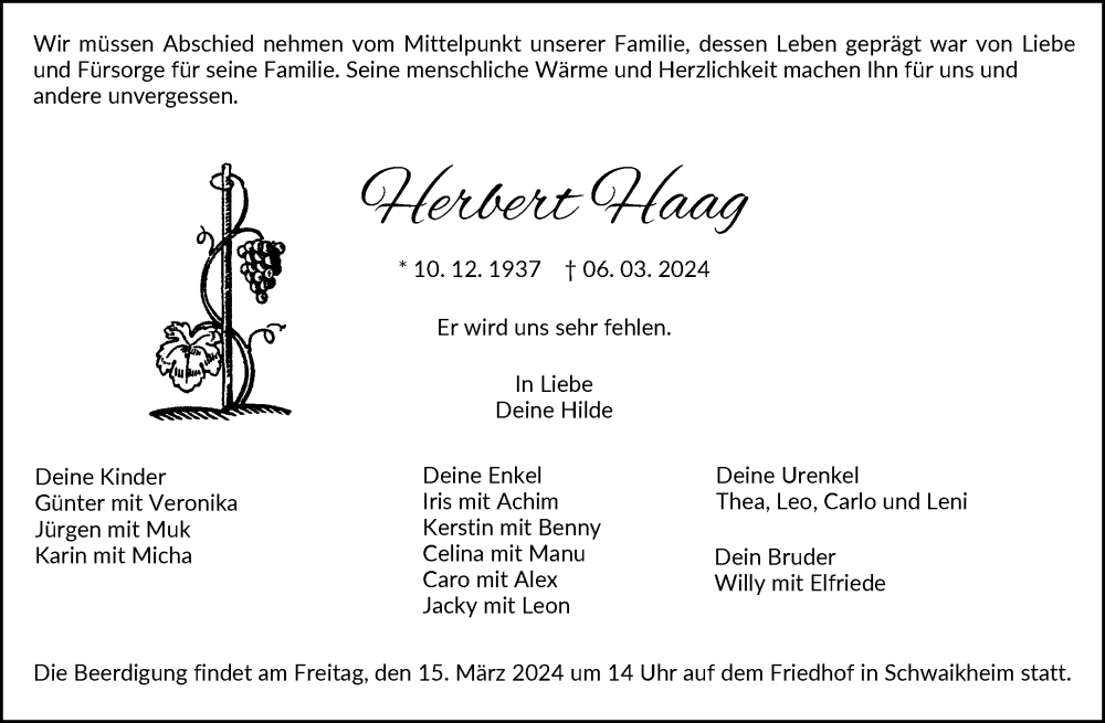  Traueranzeige für Herbert Haag vom 09.03.2024 aus Waiblinger Kreiszeitung