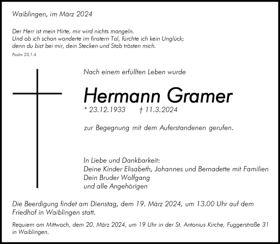 Traueranzeige von Hermann Gramer von Waiblinger Kreiszeitung