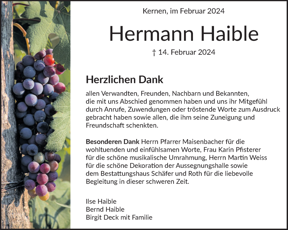  Traueranzeige für Hermann Haible vom 29.02.2024 aus Waiblinger Kreiszeitung