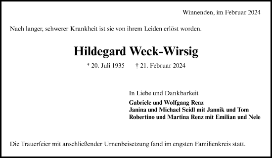 Traueranzeige von Hildegard Weck-Wirsig von Waiblinger Kreiszeitung