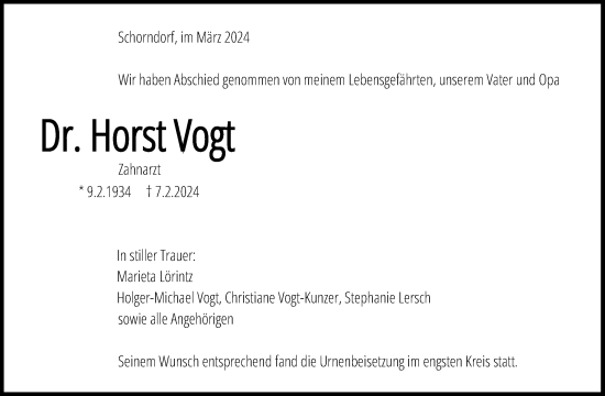 Traueranzeige von Horst Vogt von Waiblinger Kreiszeitung