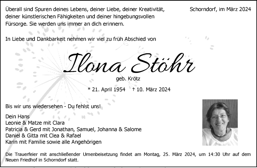  Traueranzeige für Ilona Stöhr vom 16.03.2024 aus Waiblinger Kreiszeitung