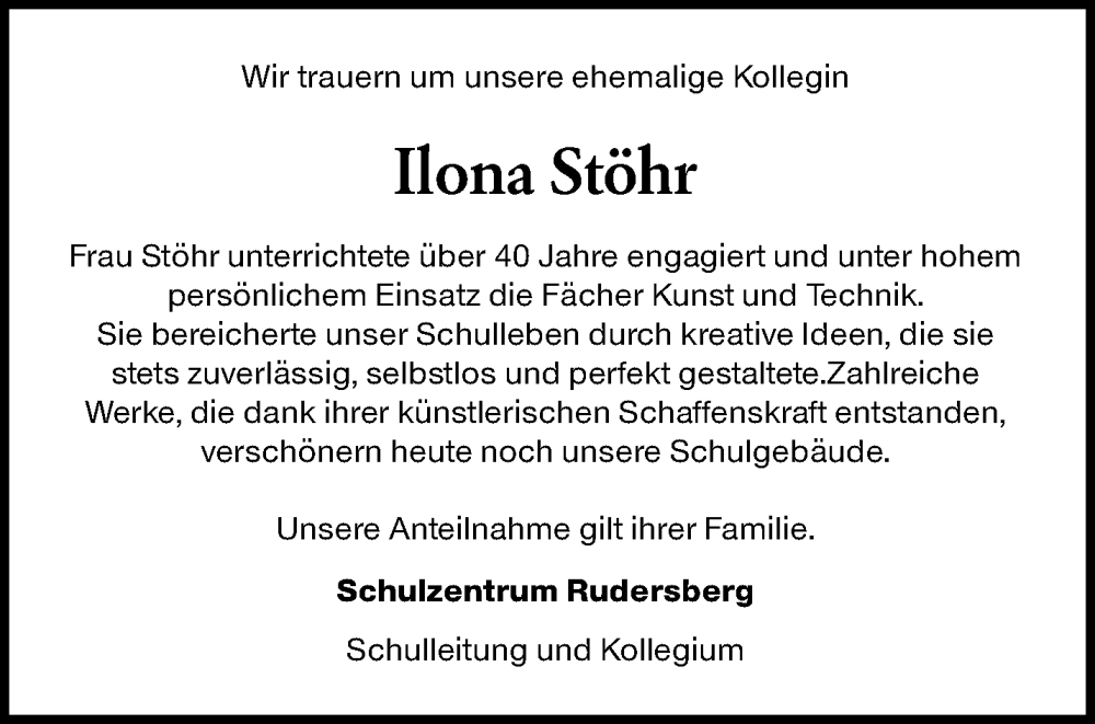  Traueranzeige für Ilona Stöhr vom 16.03.2024 aus Waiblinger Kreiszeitung