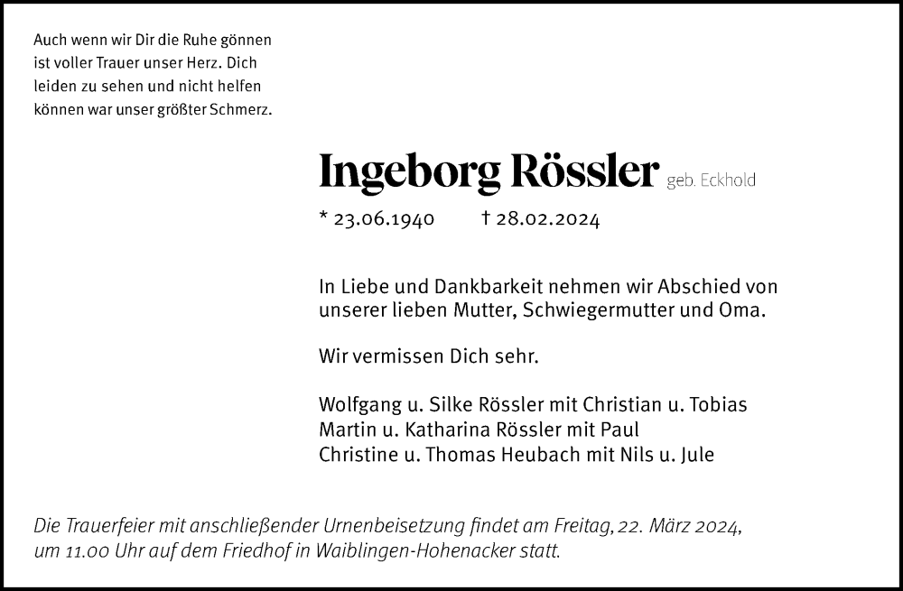  Traueranzeige für Ingeborg Rössler vom 16.03.2024 aus Waiblinger Kreiszeitung