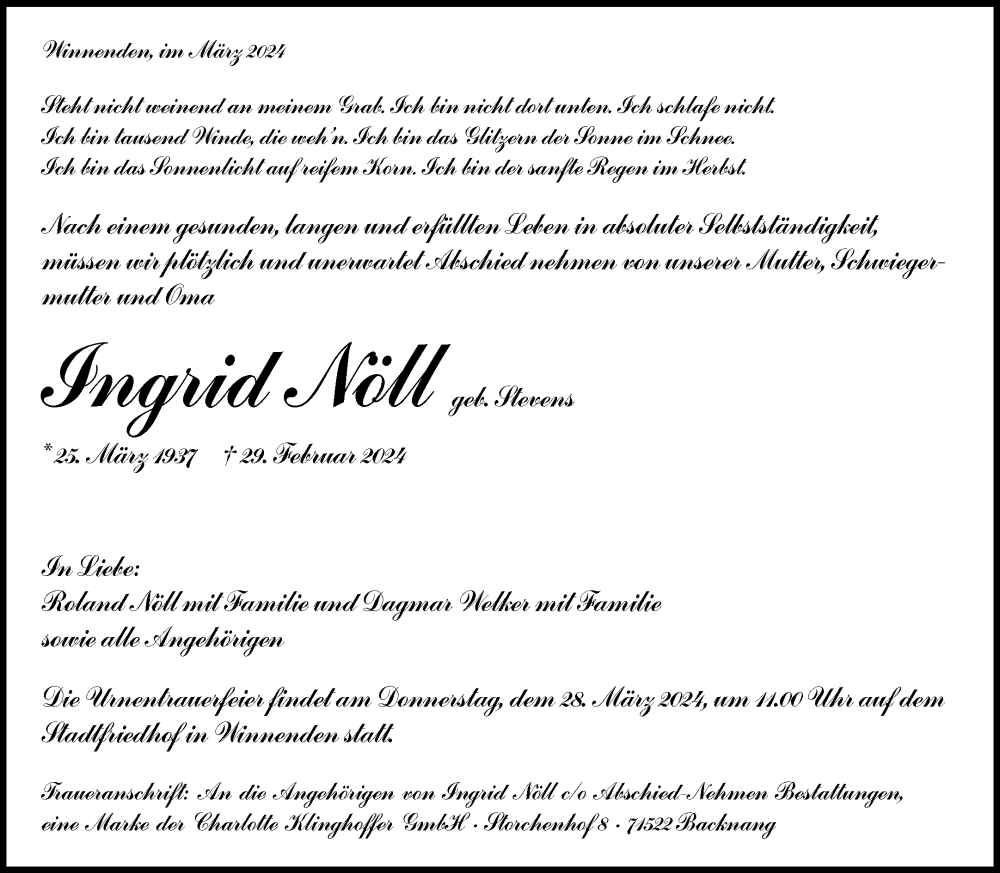  Traueranzeige für Ingrid Nöll vom 23.03.2024 aus Waiblinger Kreiszeitung