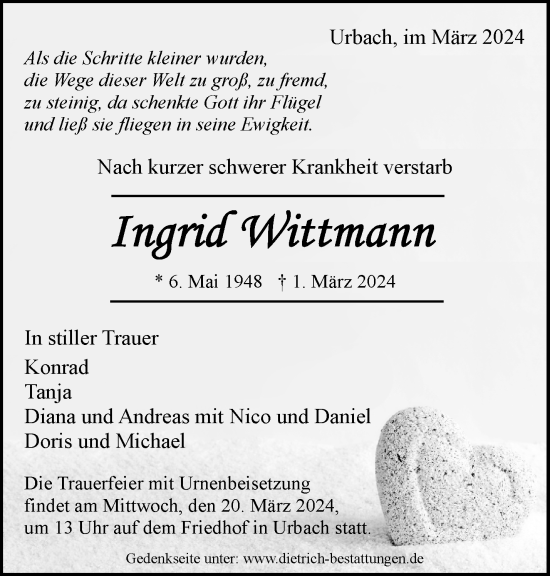 Traueranzeige von Ingrid Wittmann von Waiblinger Kreiszeitung