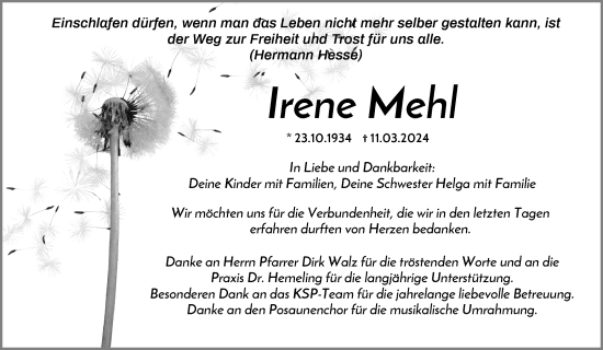 Traueranzeige von Irene Mehl von Waiblinger Kreiszeitung