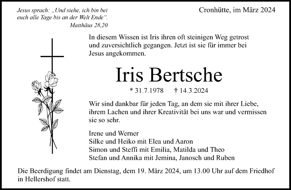  Traueranzeige für Iris Bertsche vom 16.03.2024 aus Waiblinger Kreiszeitung