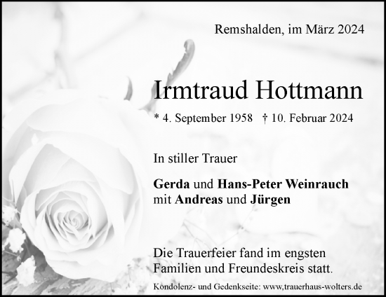Traueranzeige von Irmtraud Hottmann von Waiblinger Kreiszeitung