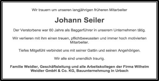 Traueranzeige von Johann Seiler von Waiblinger Kreiszeitung