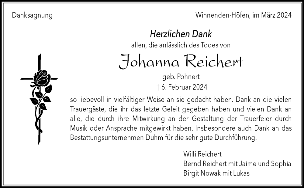  Traueranzeige für Johanna Reichert vom 02.03.2024 aus Waiblinger Kreiszeitung