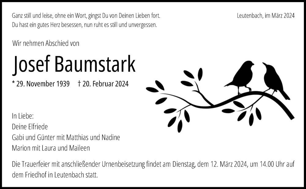  Traueranzeige für Josef Baumstark vom 08.03.2024 aus Waiblinger Kreiszeitung