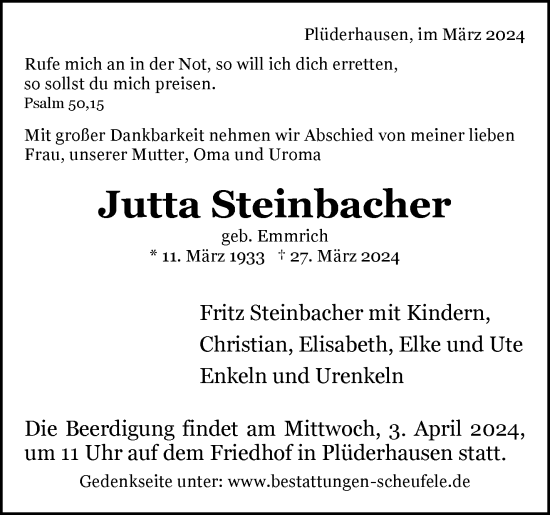 Traueranzeige von Jutta Steinbacher von Waiblinger Kreiszeitung