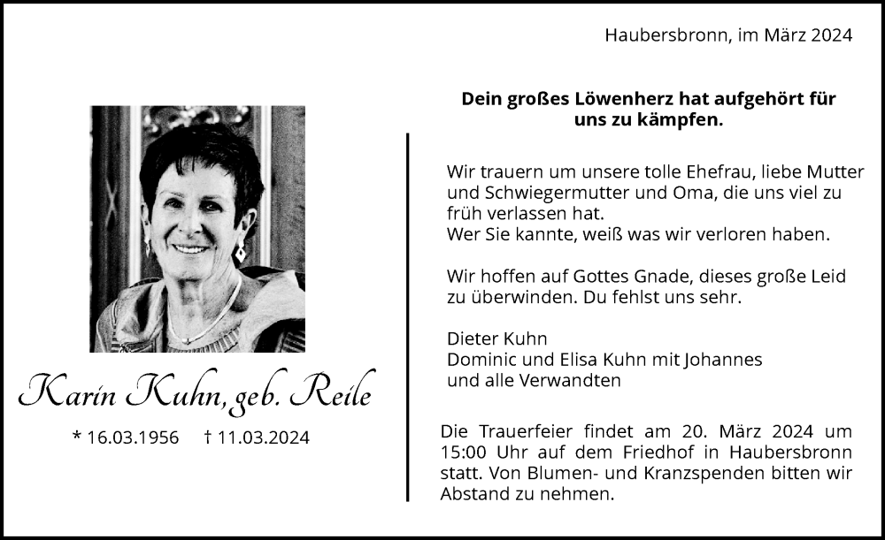  Traueranzeige für Karin Kuhn vom 16.03.2024 aus Waiblinger Kreiszeitung